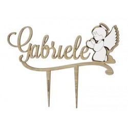 Cake Topper Stick Nome e Angelo in Legno Tortora - Bomboniere Uniche
