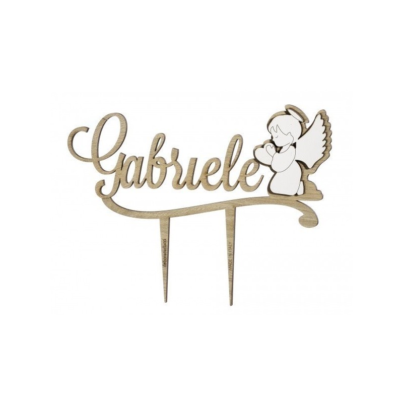 Cake Topper Stick Nome e Angelo in Legno Tortora - Bomboniere Uniche